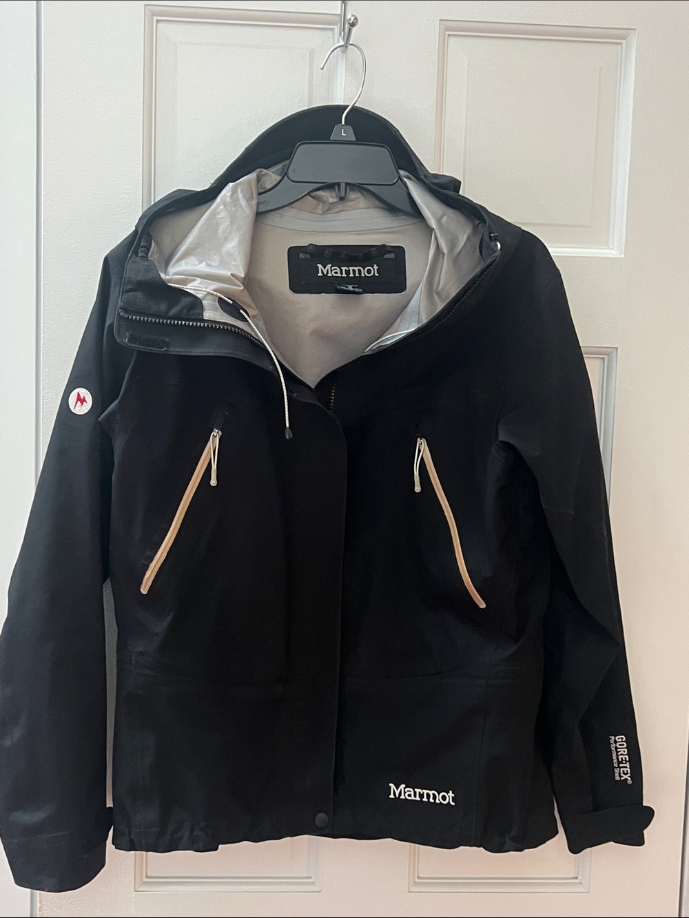 Marmot Black Women's Hooded Ski Jacket with Light Tan Zipper Accents